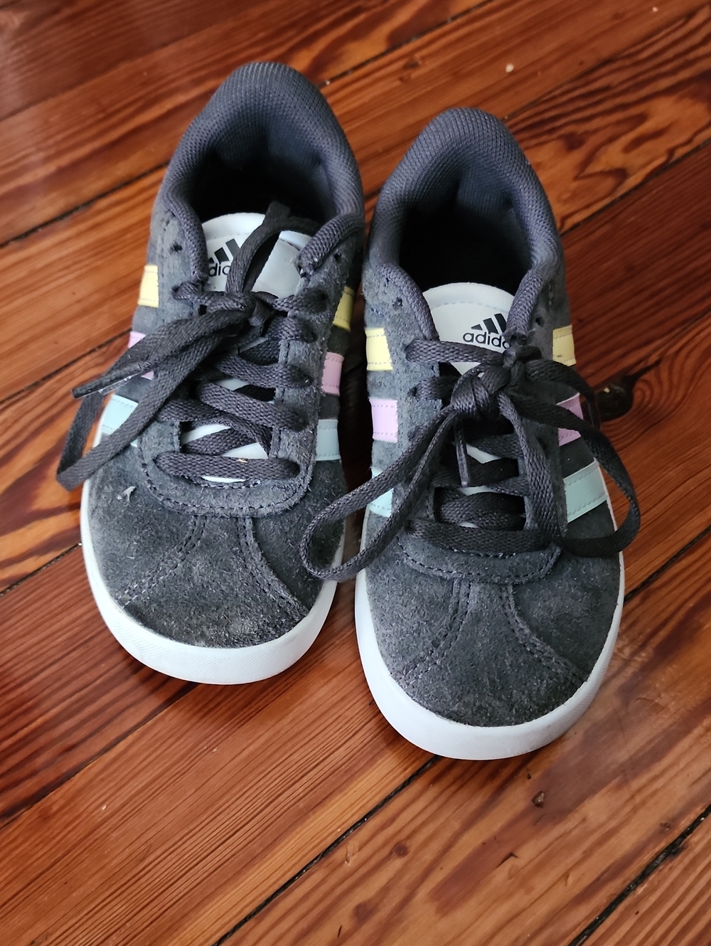 adidas Kids Gray Suede Sneakers with Pastel Pink, Blue & Yellow Stripes